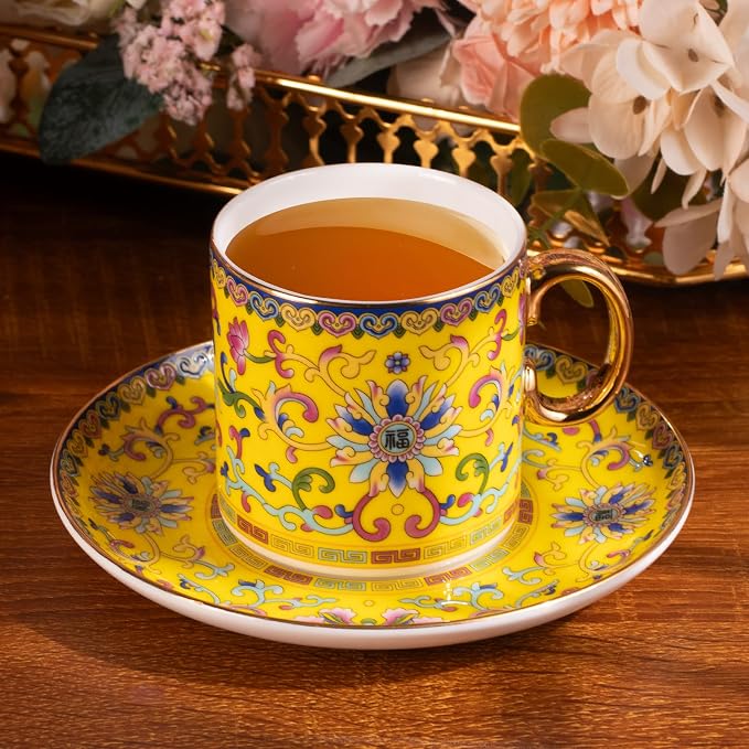 KAMMAK Tea Cups and Saucers Set of 2, Porcelain Coffee Cups, 7oz Stackable Espresso Mugs, Ceramic Demitasse for Coffee, Latte, Americano, Tea (639N+640N)