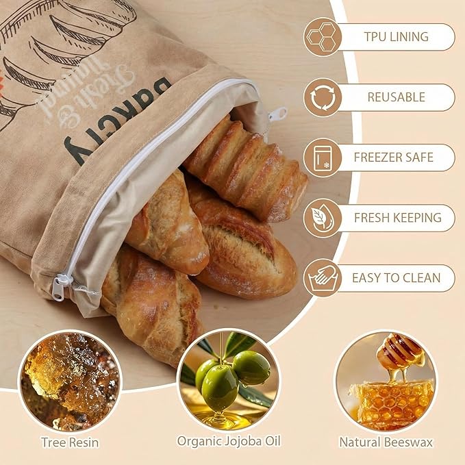 Tigeen 8 Pack Beeswax Bread Bags for Sourdough & Homemade Bread 17 x 13'' XL Reusable Organic Linen Beeswax Wraps with Sealing Zip for Fresh Food Storage Loaf Fresh Freezer Baker Gift, Bakery Style