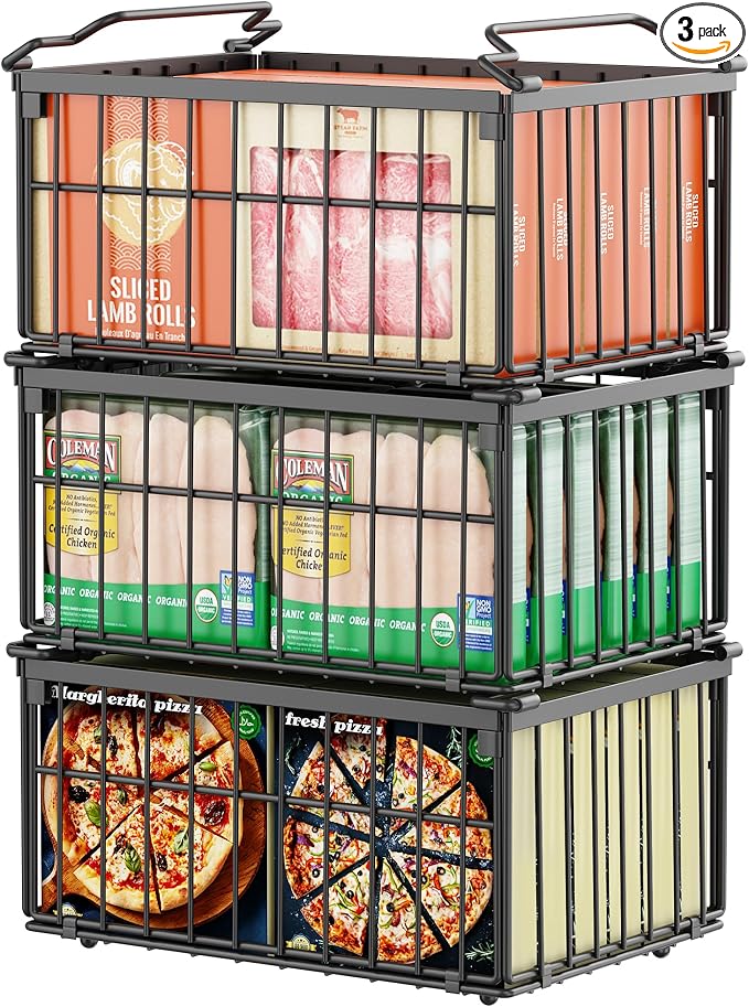 Freezer Organizer Bins, Enlarged Stackable Deep Chest Freezer Organizer Bins, Foldable Baskets with Handles, Storage Container Baskets for 5 to 9 Cu.FT Deep Freezer Sort Frozen Meats (black 3 pack)