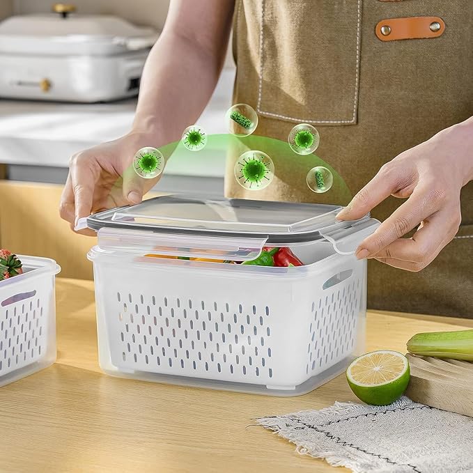4 PCS Fruit Storage Containers for Fridge, Leakproof Produce Containers for Fridge with Removable Colander, Microwave/Dishwasher Safe Fruit Washing Bowl Keep Fruits, Vegetables, Berry Fresh longer