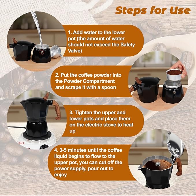 3 Cup Aluminum Moka Pot Classic Stovetop Espresso Coffee Maker 150ml 5oz Coffeemaker Percolator Mocha Pot Greca Coffee Maker Cafe Makers for Italian and Cuban Café Brewing Black