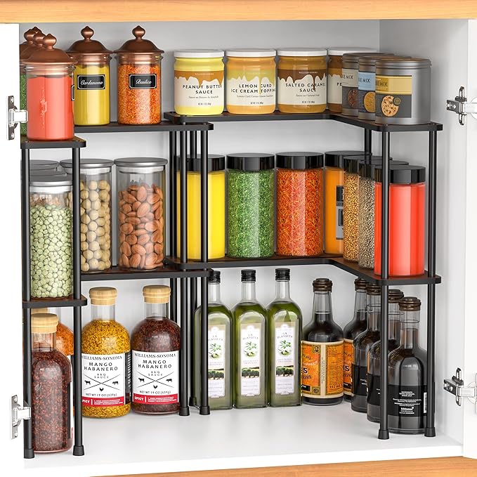 Spicy Rack Pro – Expandable 10"-18.9" Spice Rack for Cabinet, 2-Tier Wood & Metal Shelf, Heavy Duty, High Space for Large Bottles, Easy 3-Min Install, Stackable or Side-by-Side