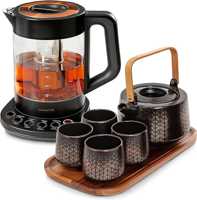 Viante Luxury Tea Set, Electric Kettle With Infuser, Gift for Tea Lovers | Borosilicate glass body plus ceramic teapot, 4 ceramic cups & bamboo tray. No plastic ever touches your water