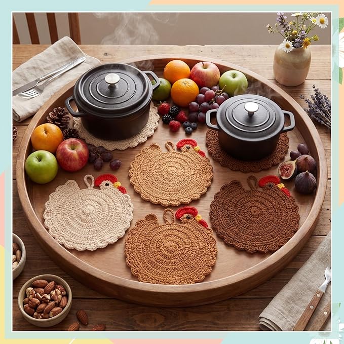 LemonRoad Handmade Crochet Chicken Trivets Set of 6, Farmhouse Hot Pots Holder Gifts Cute Braided Woven Coaster Protector for Dishes Mothers Day Lovers Housewarming 6.5" x 6.8"(Retro Style)