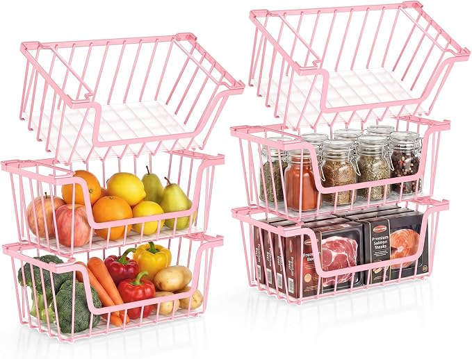 SUNALLY Stackable Storage Bins 6 Pcs Wire Baskets for Pantry Organizers and Storage, Vegetable Fruit Storage Basket for Countertop Organizer,Kitchen Storage Baskets for Onion Potato Snack,Pink