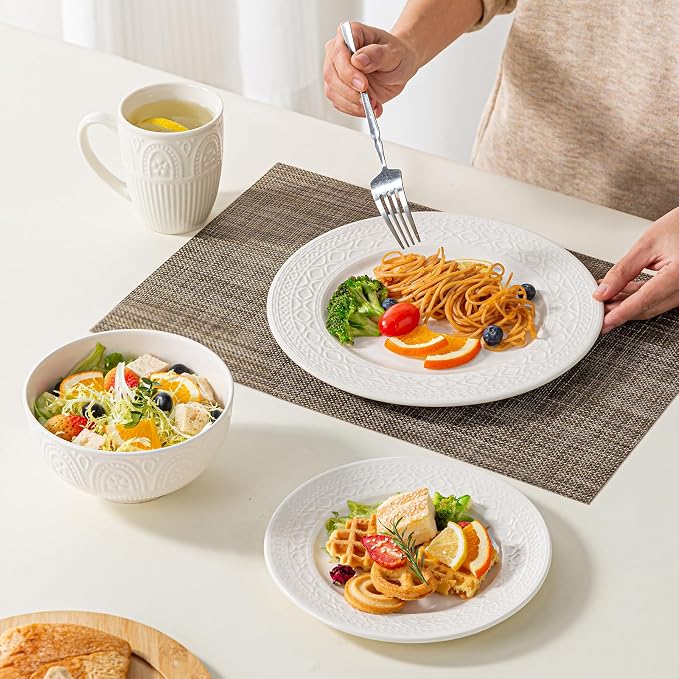 12-Piece Ceramic Dinnerware Set for 4, Athens Palace Relief Dishes and Plates Sets, Includes Plates and Bowls, Elegant High-Temperature Reinforced Porcelain, White
