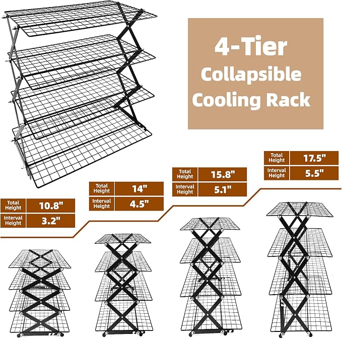 4 Tier Collapsible Cooling Rack with Adjustable 6 Setting Design stackable wire rack for baking sheet for Cookies Baking Gifts for Women (Black, 4-Tier)