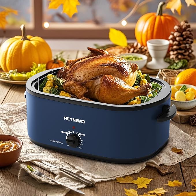 24 Quart Electric Roaster Oven with Visible & Self-Basting Lid, Large Turkey Roaster Oven with Defrost & Warm Function, Adjustable Temperature, Removable Pan & Rack, Stainless Steel, Blue