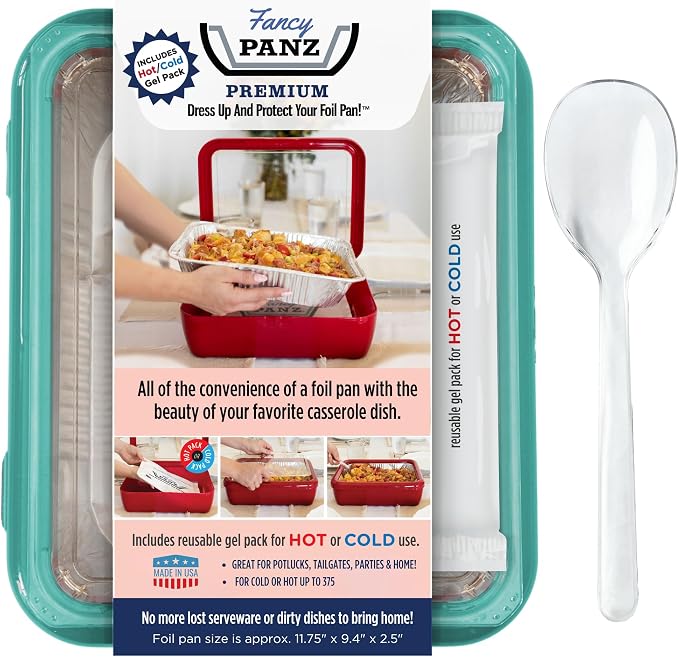 Fancy Panz Aqua Premium Aluminum Foil Pan Carrier with Secure Latch Lid & Hot/Cold Gel Pack - Made in USA Reusable Casserole Carrier for Half Size Pans - Food Transport Holder for Entertaining