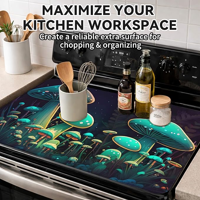 Decorative Stove Top Covers for Electric Stove 28"x20" – Heat Resistant Glass Cooktop Protector Dish Drying Mat – Non-Slip Rubber Backing Washer Top Cover Waterproof Extra Counter Space (Mushroom)