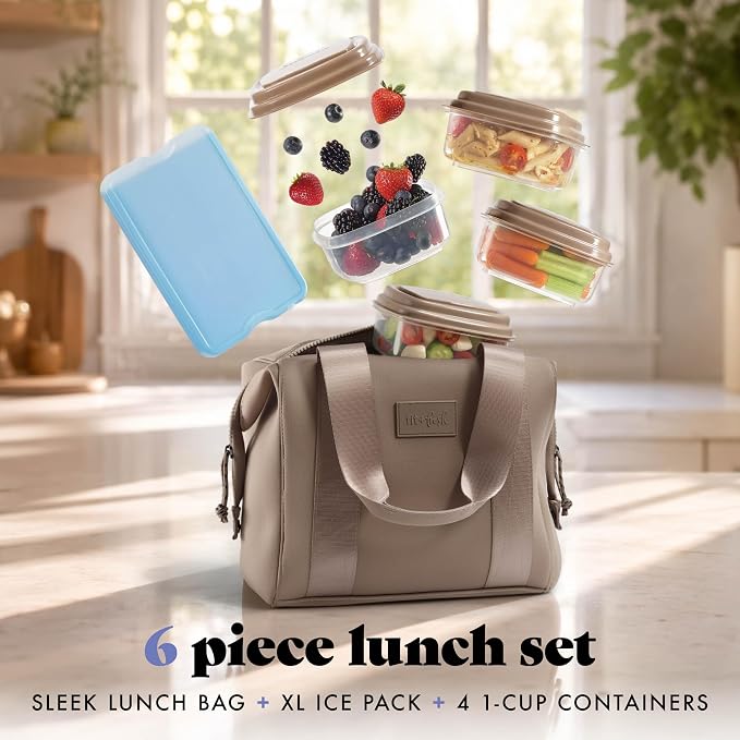 Fit & Fresh Remi Lunch Bag for Women Work – Neoprene Lunch Tote with Containers & Ice Pack, Reusable Meal Prep Lunch Box, Large Capacity, Machine Washable, Taupe