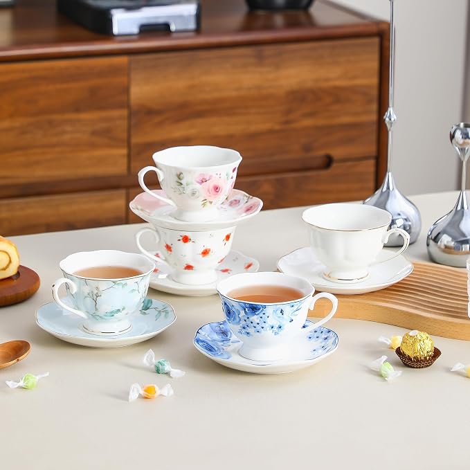 12-Piece Porcelain Tea Cup Set, 6 Cups & 6 Saucers with Classic Rose Pattern, Ceramic 6oz Scalloped Cups, Dishwasher & Microwave Safe
