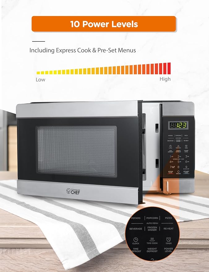 COMMERCIAL CHEF 1.1 Cu Ft Microwave with 10 Power Levels, Small Microwave with Push Button, 1000W Countertop Microwave with Kitchen Timer, Door Lock, & Digital Controls, Stainless Steel