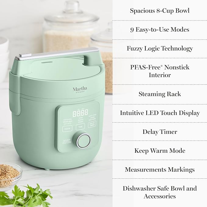 Martha Stewart Rice Cooker, 4 Cup (Uncooked) / 8 Cup (Cooked), Ceramic Non-Stick Removable Pot, Keep Warm, Measure Markings, Steam Basket, Brown & Sushi Rice, Quick Cook, Quinoa, Grains, Oats, Honeydew Green