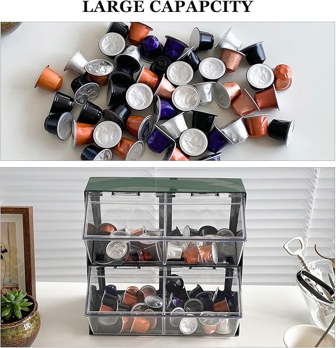 Large Coffee Pod Holder with Lid, Green | Plastic, Coffee Bar Accessories Storage Organizer, For Creamer, K Cups, Tea Bags, Sugar Bag, Drinking Straw