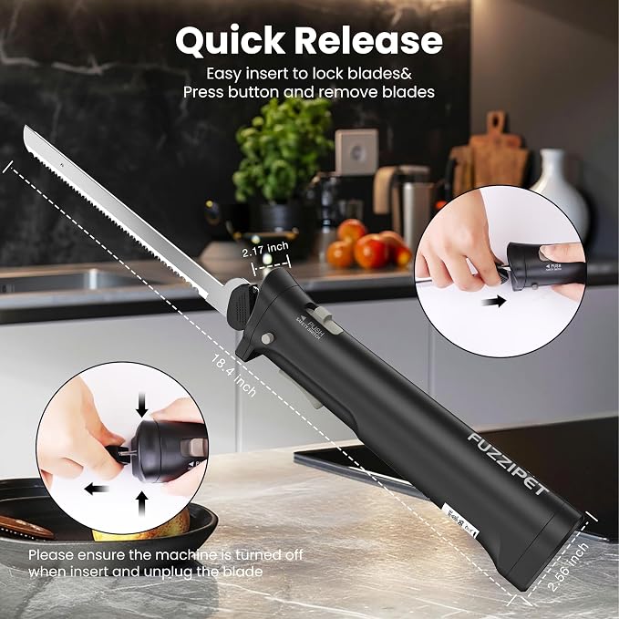 Cordless Electric Knife, Electric Bread Knife with 4 Stainless Steel Blades, Electric Cutting Knife for Cutting Meats, Fish, Poultry, Bread, Cheese & More (Black)