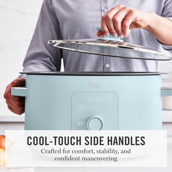 Martha Stewart 8 QT Slow Cooker, Programmable with Timer, 3 Heat Settings (Low, High, Warm), Nonstick Ceramic Removable Crock, Stovetop & Oven Safe, Glass Lid, Simmer, Reheat, Warm, Sky