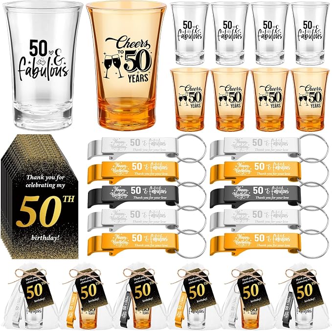 Domensi 50 Sets 50th Birthday Party for Guests Bulk Include Cheers to 50 Short Glasses Beer Bottle Opener Keychains Thank You Cards with Gift Bags and Ropes for Birthday Party Gifts