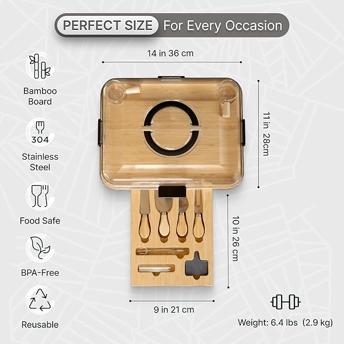 Charcuterie Board Set with Handless Lid – Bamboo Cheese Board with Sliding Drawer, 4 Stainless Steel Cheese Knives, 4 Forks, 2 Glass Bowls, Gift Bag – Perfect for Gift