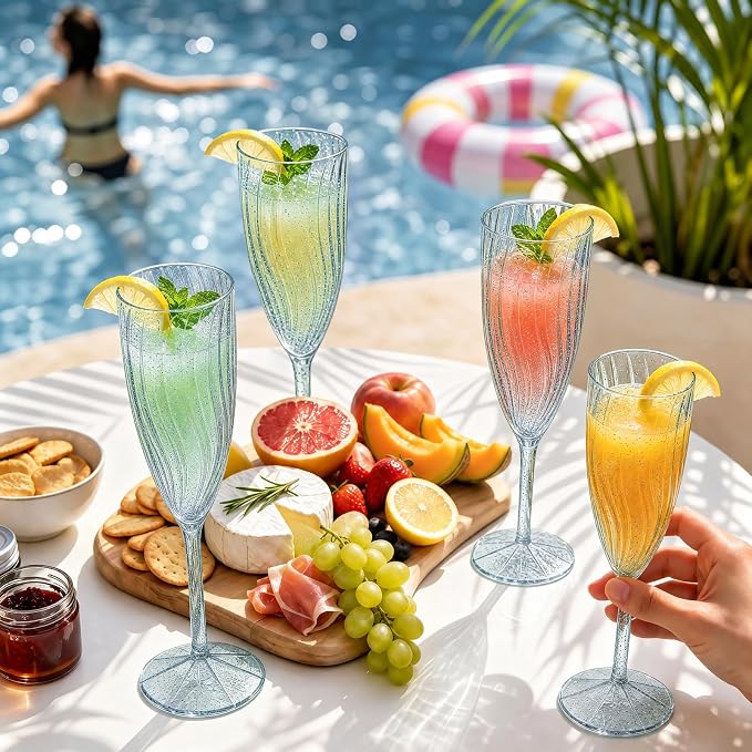 WDF 36PCS Blue Plastic Champagne Flutes - 6OZ Blue Glitter Champagne flutes - Party Supplies for Wedding/Birthday/Baby Shower/Housewarming/Pool party