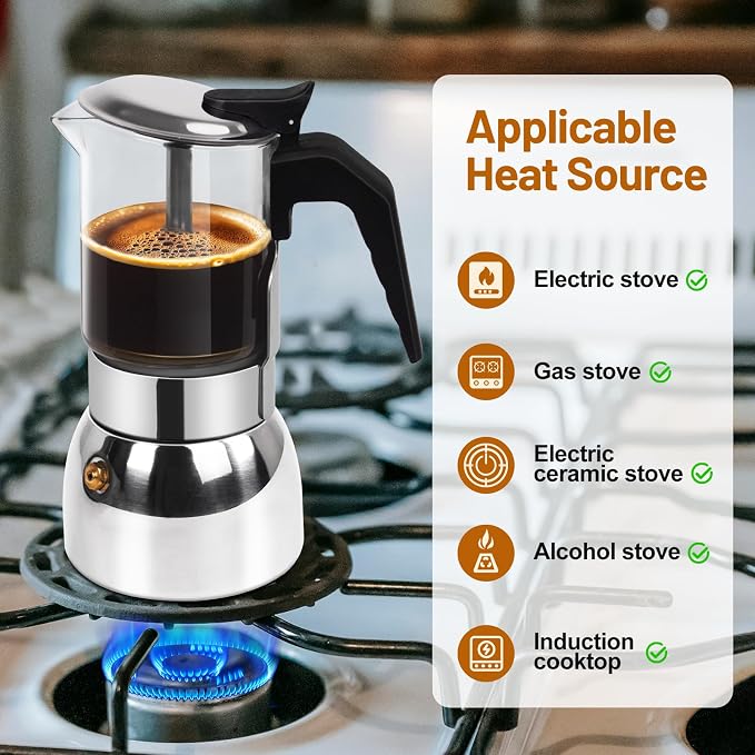 No Coating 4 Cup Glass Clear Moka Pot Thickened 304 Stainless Steel Stovetop Espresso Maker Italian Coffee Machine 200ml 6.8oz Classic Mocha Cafe Greca Coffee Suitable for Gas Induction
