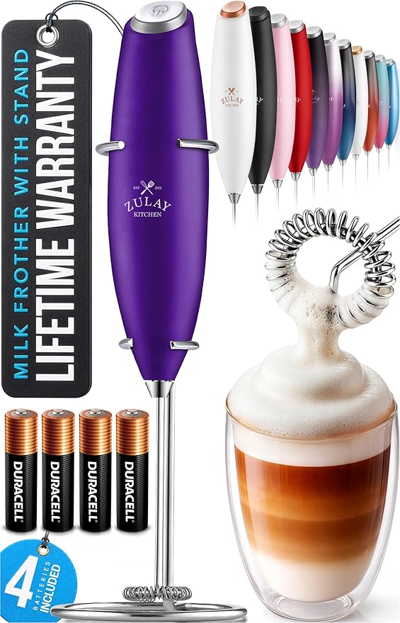 Zulay Kitchen Powerful Milk Frother Wand With 4 AA Duracell Batteries - Ultra Fast Handheld Drink Mixer - Electric Whisk Foam Maker for Coffee, Lattes, Cappuccino, Matcha & Creamer - Grape