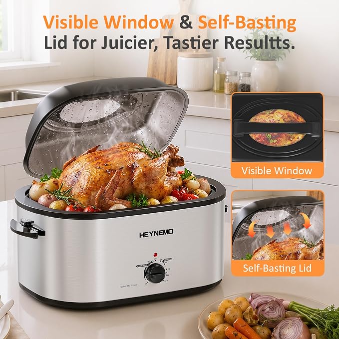 30 Quart Large Turkey Roaster with Defrost & Warm Functions, Electric Roaster Oven with Visible Self-Basting Lid, Adjustable Temperature Control, Removable Pan & Rack, Stainless Steel, Silver