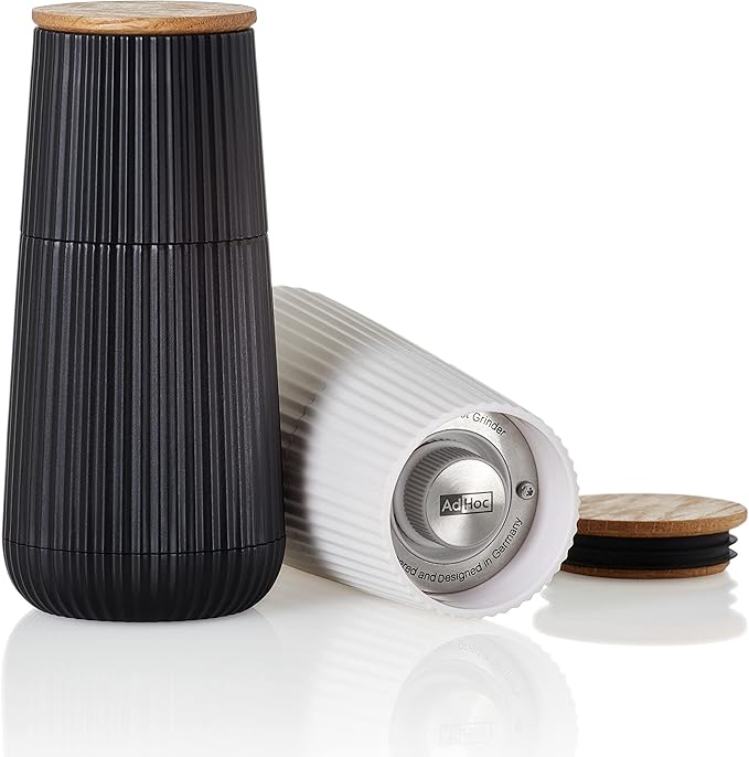AdHoc Scape Salt & Pepper Mill Set - Salt & Pepper Grinders with Ultra-Sharp Grinding Mechanisms - Refillable Mills & Spice Shakers with Adjustable Grinding - Black & White