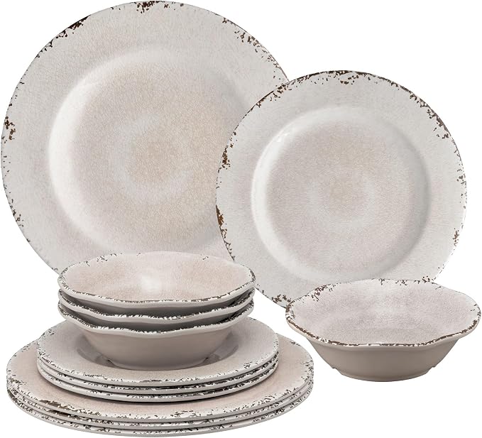 UPware 12 Piece Crackle Melamine Dinnerware Sets, Outdoor Dishes Set, Plates and Bowls Sets, Service for 4, Cream