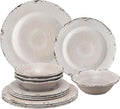 UPware 12 Piece Crackle Melamine Dinnerware Sets, Outdoor Dishes Set, Plates and Bowls Sets, Service for 4, Cream