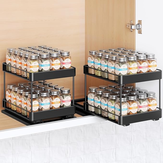 Nieifi Spice Rack Organizer for Cabinet, Vertical Spice Rack Pull Out, Easy to Install, Metal, 8.5''Wx10.35''Dx8.4''H, 2 Pack, 2 Tiers(Black)
