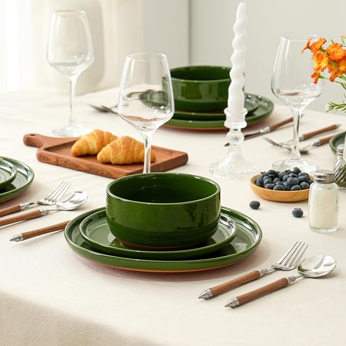 8-Inch Plates Set of 4, Dual Glaze Stoneware Plate, Microwave and Dishwasher Safe, Ceramic Plates for Salads & Desserts, Forest Glaze Green