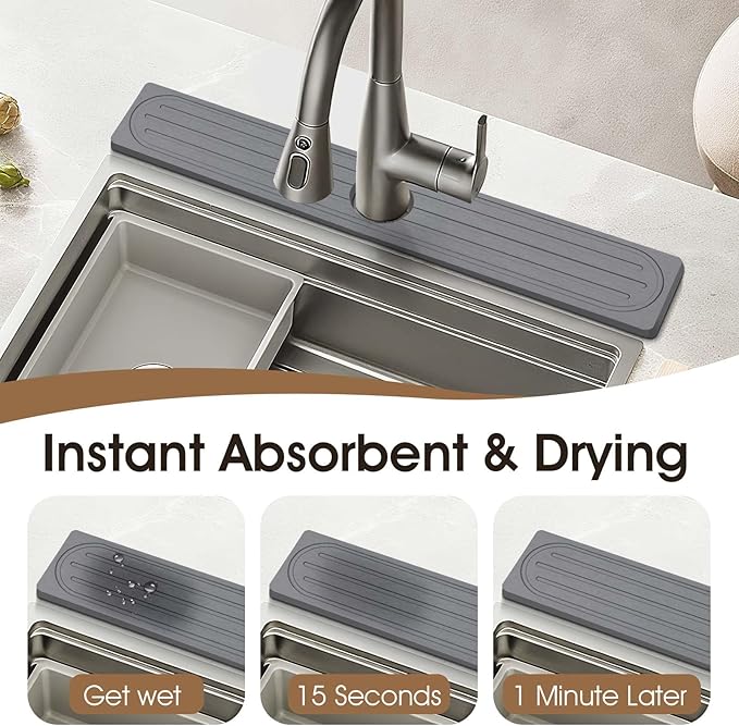 Snuggery Diatomite Faucet Mat Splash Guard - Quick Dry Stone Mat Sink Tray 23.6"x4" – Super Absorbent Non-Slip Faucet Drip Mat Around Faucet – Drying Stone Protector for Kitchen Sink Bathroom (Grey)
