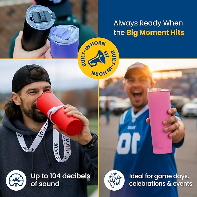 The LoudCup Blow Horn Tumbler, Cheer & Sip 2-in-1 Reusable Water Bottle with Built-In Horn for Sports Games, Tailgates, Parties & Events, BPA-Free, 23 oz, Jet Black