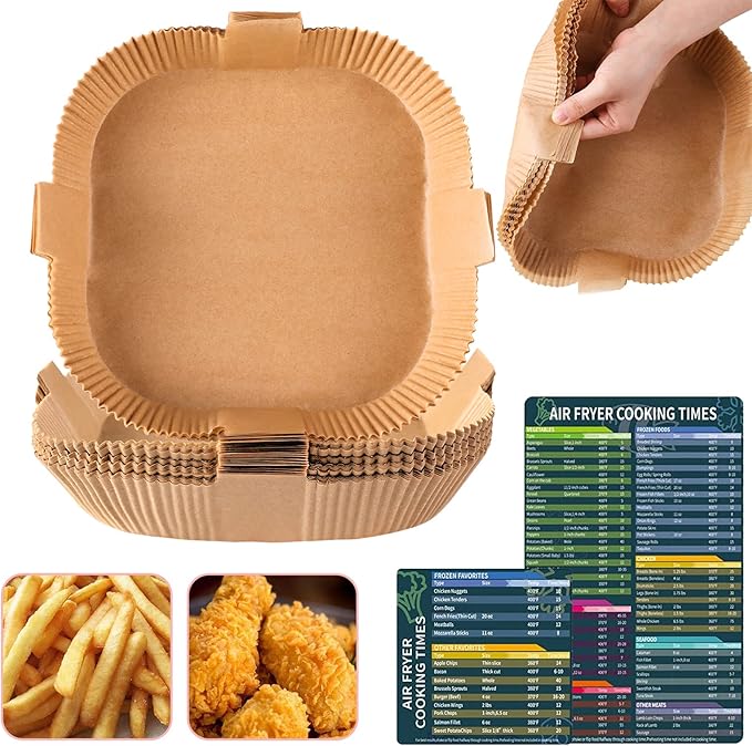 Air Fryer Disposable Paper Liner, Square Parchment Cooking Non-Stick, Baking Roasting Food Grade Paper for Air Fryer, Microwave Oven, Frying Pan, Oil-proof, Water-proof (60PCS 6.3 Inch Natural)