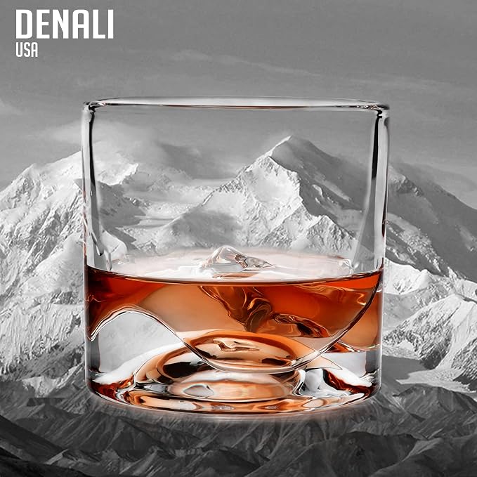 LIITON Denali Mountain Heavy Crystal Whiskey Glasses Gift Set of 2, Thick Freezable Bourbon Glass 1lb Each, Premium, Frozen Crystal Chills Cocktails, 10 oz