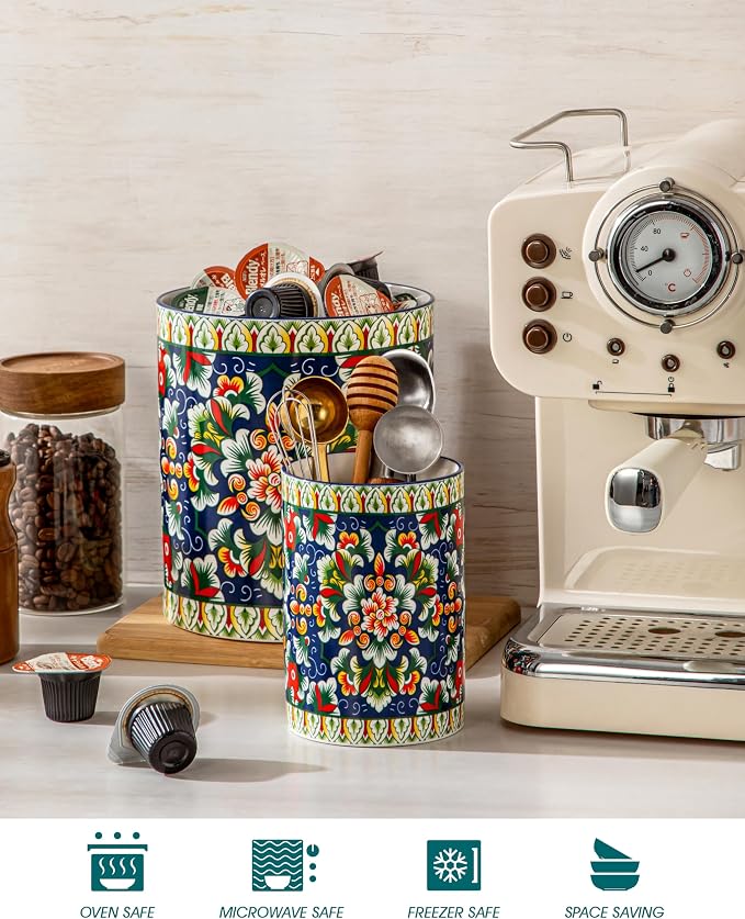 vancasso SIMI Utensil Holder, 7.3"+5.5" Porcelain Kitchen Utensil Holder for Countertop, Bohemian Kitchen Utensil Organizer for Spatulas, Spoons, Decorative Counter Utensil Crock, Verdant Jewel