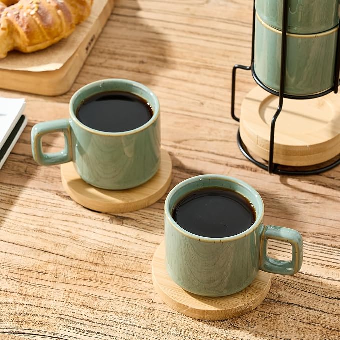 LUKA Porcelain Stackable Espresso Cups with Saucers and Metal Stand, 4 Ounce Small Ceramic Demitasse Cups Set for Latte, Specialty Coffee Drinks, Cafe Mocha,Tea - Set of 4, Wild Sage Earth