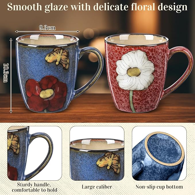 Maxdot 2 Pcs 12oz Ceramic Coffee Mugs Sets Glazing Process Cappuccino Mug Floral Ceramic Tea Cups Idea Gift Set for Women Porcelain Cup for Coffee, Cocoa, Tea, Latte (Retro) (Rustic)
