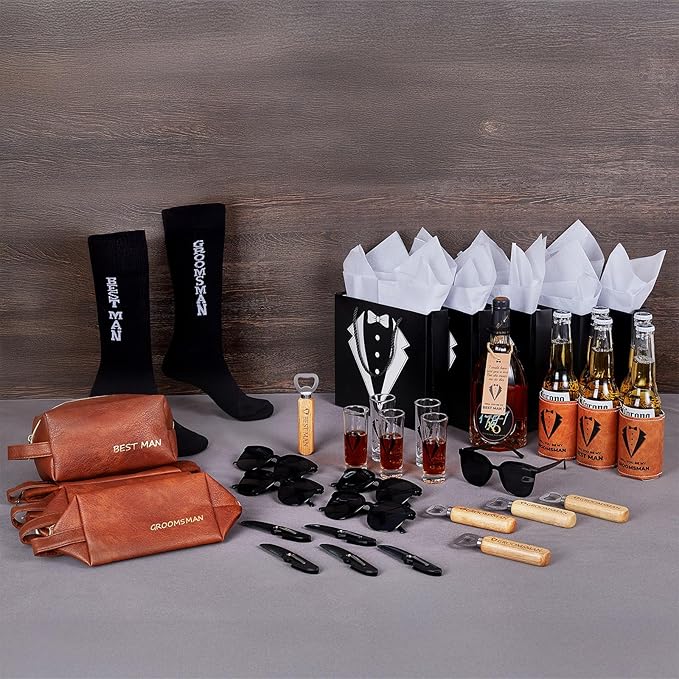 50Pcs Groomsmen Gifts Groomsmen Proposal Box with Shot Glasses Socks Sunglasses PU Leather Toiletry Bag Bottle Opener Can Cooler Groomsman Gifts for Wedding Groomsmen Best Man Gift (50, Brown)