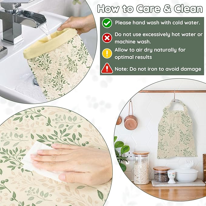 Reusable Beeswax Bread Bags - 2 Pack Bees Wax Food Bag, Homemade Sourdough Bread Storage, 2-in-1 Linen Cotton Large Freezer Container Home Baking Accessories with Lining (Green Leaf)