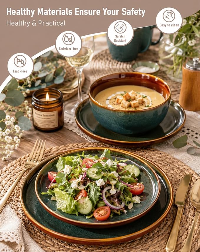 GBHOME Dinnerware Sets for 8, 24 Pieces Stoneware Plates and Bowls Sets, Scratch Resistant Dishes, Dishwasher & Microwave Safe, Reactive Glaze