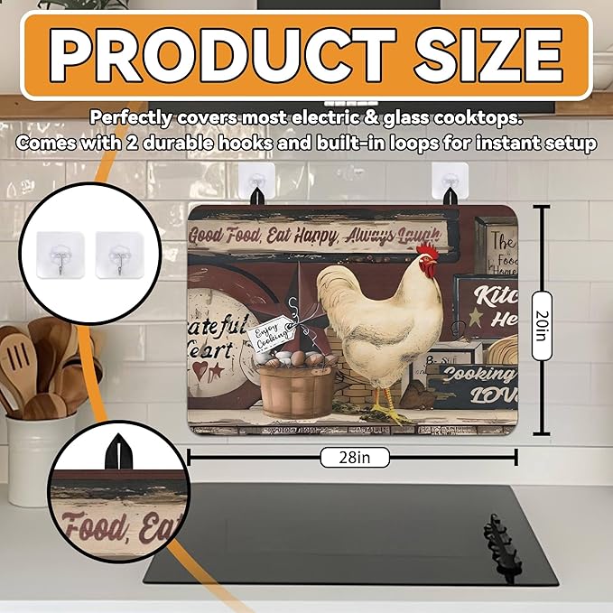 Decorative Stove Top Covers for Electric Stove 28"x20" – Heat Resistant Glass Cooktop Protector Dish Drying Mat – Non-Slip Rubber Backing Washer Top Cover Waterproof Extra Counter Space (Rooster)