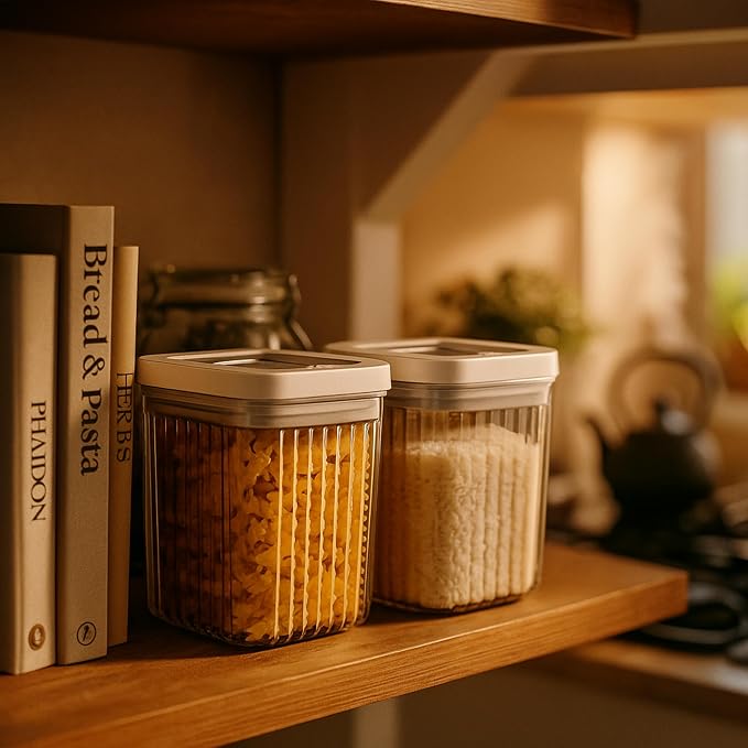 Oggi Airtight Clear Fluted Canister Set of 6 - Stackable Food Storage Containers with Lids, Vintage Modern Farmhouse Style, Kitchen Counter & Pantry Organization, Size - 6 x 64.25 fl oz / 1.6 Lt