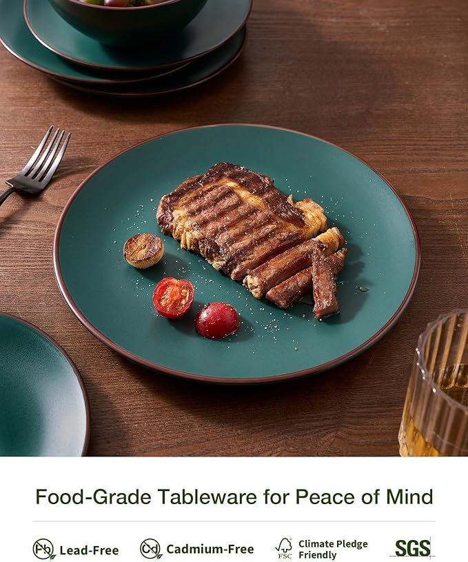Famiware Venus Stoneware Dinnerware Set with Pasta Bowls for 6, 24-Piece Speckled Plates and Bowls with Trim, Matte Dark Green - Chip‑Resistant Dishes for Everyday & Formal, Microwave/Dishwasher Safe