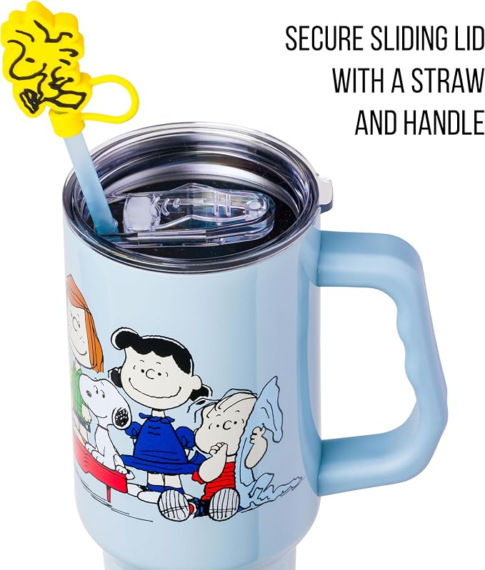 Silver Buffalo Peanuts Gang Charlie Brown, Snoopy, Woodstock, Lucy, Sally, Linus, Double Walled Stainless Steel Tumbler with Handle, Straw, and Straw Cap, Fits in Standard Cup Holder, 40 Ounces