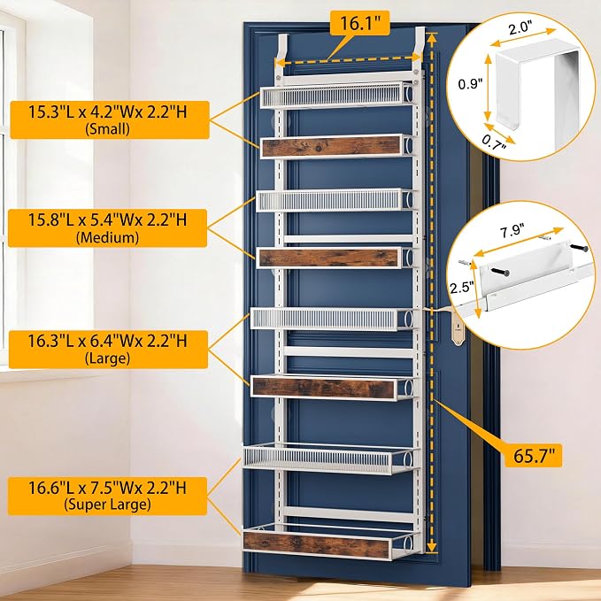 8 Tiers Pantry Door Organizer Spice Rack, 2-IN-1 Wall Mount or Hanging Over Door Seasoning Organizer with Adjustable Baskets, Heavy Duty Behind Door Storage Shelves for Pantry, Cabinet and Kitchen