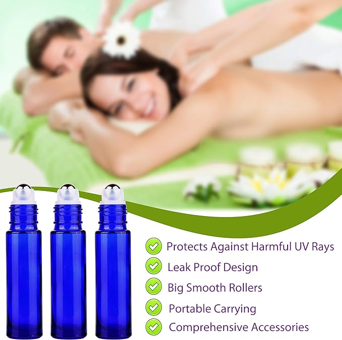 inice 100 Pack,10ml Roller Bottles for Essential Oils Cobalt Blue Thick Glass Stainless Steel Roll On Ball Bottles