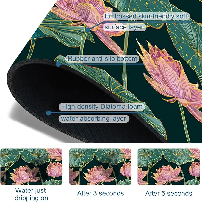 Lotus Pond Pattern Kitchen Sink Splash Guard Faucet Mat Lotus Flowers Leaves Super Absorbent Fast Drying Mat Sink Splash Guard Behind Faucet for Kitchen Bathroom, 23.5"x5.5"