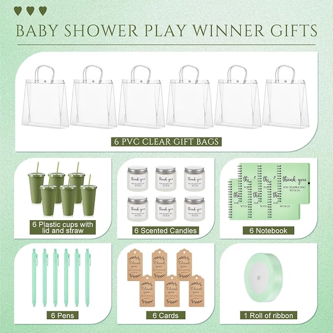 Nuogo 6 Sets New Parent Shower Prizes for Player Winners Adult, Wedding Bridal Shower Gift, Plastic Tumbler Notebook Scented Candle Ballpoint Pen Bag (Green Color,Classic Style)